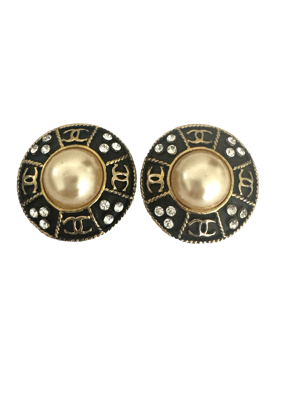 Chanel Clip-On Earrings Black Gold Crystals Faux-Pearl Vintage Stamped CC France